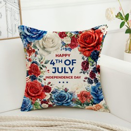 HOMFREEST 4th of July Pillow Covers 18x18 Inch Red White and Blue Floral Patriotic Throw Pillows Independence Day Outdoor Cushion Case for Sofa Couch Home
