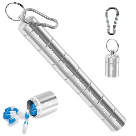 Pill Box 7 Days, Small Round Pill Box with 7 Divisible Compartments, Metal Waterproof Pill Box Keyring for On the Go, Outdoor, Travel, Hiking, Camping (Silver)