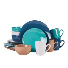 HomeVss, Color Wave Stoneware 16pc Dinnerware Set, Earth Paint Mixed Colors of White, Beige, Turquoise and Dark Blue