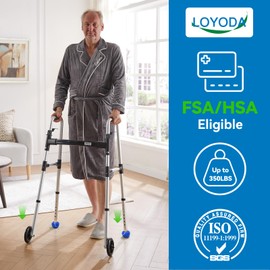 Loyoda Folding Walker with 2 Precut Tennis Balls, 5" Wheels Lightweight Walkers for Seniors and Adults, Supports Up to 350 Pounds, Adjustable Height, Compact Standard Walker