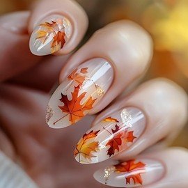 Fall Maple Leaf Press on Nails Medium Almond Fake Nails Red Yellow Maple Leaves False Nails with Glitter Designs Acrylic Nails Thanksgiving Stick on Nails for Women Nails Decoration Accessories 24Pcs