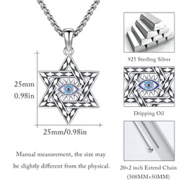 CRWENG Evil Eye Necklaces 925 Sterling Silver Star of David Pendant Amulet Pendant Necklace Jewish Jewellery Gift for Men Women