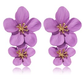 GPASTG Elegant Bohemian Large Metal Double Flower Matt Earring Chic Statement Dangle Drop Wedding Earrings For Women Cute Statement Jewelry Gifts (Purple)