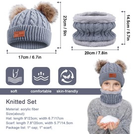 Tagvo Winter beanie and scarf set for children, winter thick fleece thermal knitted hat and scarf set, for boys and girls, 3-6 years, grey