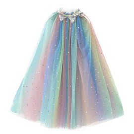 Rainbow Summer Cape Cloak for Girl Princess Multicolored Tulle Child Cosplay Tulle Sparkly Kids Fancy Party Cloaks (D49Multicolored, M)