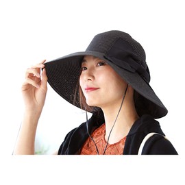 DreamHats Straw Hat with Large Bow (With Folding Button) UV Protection Women's Straw Hat, black