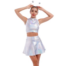 Alien Costume Women's Sexy Metallic Glitter Crop Top + Mini Skirts Headband Rave Outfit