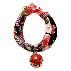 Collar: Cat collar, cat bell charm (fireworks black, plum red), accessory, choker, soft fabric that does not burden the neck and coat (adjustable sizes), Asakusa, Kyoto, Crepe, Japanese Style, Modern,