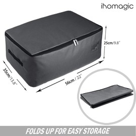 IHOMAGIC Under bed Storage Bag with Double Zipper and Handles, Storage Containers Clothes Organizers with Sturdy Polyester Fabric and Clear PVC Pocket, Foldable Large Closet Organizer Dark Grey 49L, S