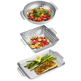 Onlyfire 3 Packs Grill Baskets, Heavy Duty Stainless Steel Perforated Vegetable Grill Baskets, 3 Piece Mini Grilling Basket Set, Grill Pan for Outdoor Grill