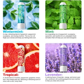 HUALIJIA Nasal Sticks (4 Pack), Nose Inhaler Stick with Essential Oils + Menthol (Mint, Wintermint, Tropical, Lavender) - Enhance Focus & Breathe Better, Provides Fresh Cooling Sensation
