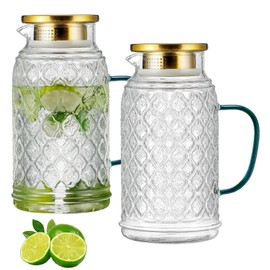 Buaic Glass Pitcher with Lid, 2 PACK 68 oz/2 Liter Vintage Water Pitcher, Clear Borosilicate Glass Water Carafe for Cold Brew, Coffee, Lemonade, Iced Sun Tea,Beverage, Milk, Heat Resistant