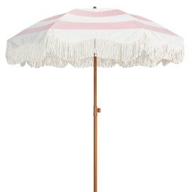 AMMSUN Boho Fringe Umbrella Outdoor Patio, 6.5ft UPF50+ Picnic Umbrella with Tassels with Steel Pole and Push Button Tilt, Pink Stripes