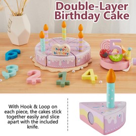 HERSITY Wooden Birthday Cake Toy Play Food Sets, Pretend Baking Kitchen Playset for Toddlers, Afternoon Tea Party Cake Toys Gifts for 3 4 5 Years Old Kids Girls Boys
