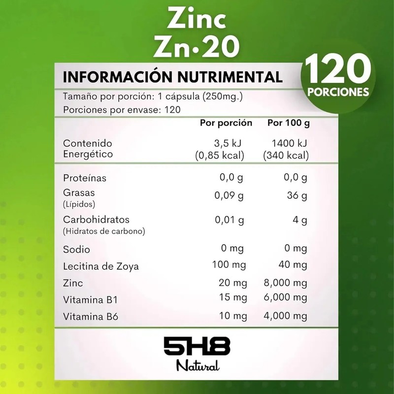 5h8 Zinc Zn2 120 Cápsulas, 20 Mgs De Zinc Complejo