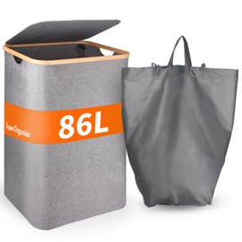 Laundry Basket 86L,Sturdy Laundry Basket,Large Hamper with Lid,Laundry Hamper, Clothes Hamper for Laundry with Bamboo Handles and Removable Bag,Laundry Basket Portable for Room,Clothes,Bedroom-Grey