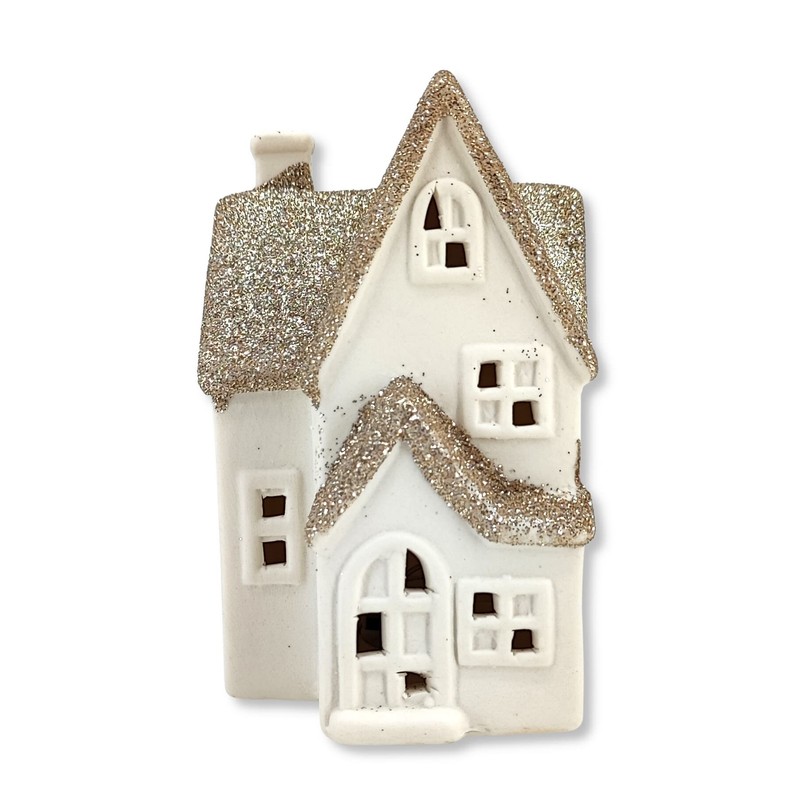 DARO DEKO Ceramic LED House - White Gold Glitter -