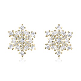 EVER FAITH 925 Sterling Silver Clear Cubic Zirconia 14K Gold Plated Winter Snowflake Flower Elegant Stud Earrings Christmas Gifts for Women