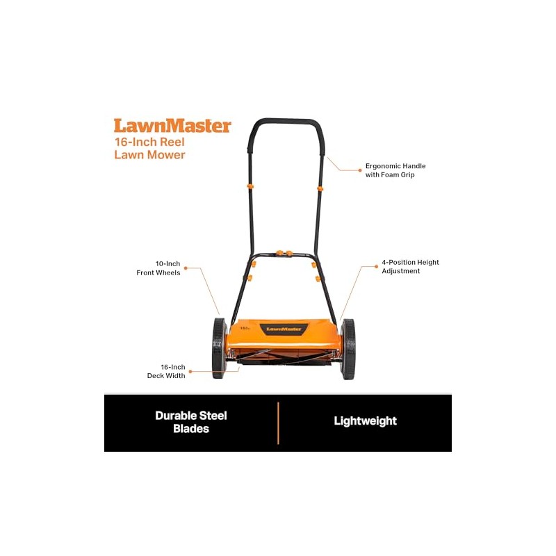 LawnMaster LMRM1602 Push Reel Lawn Mower 16-Inch 5-Blade