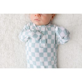 UPTON AVE Checkered Knotted Gown Baby Newborn, Viscose derived from Bamboo, Infant Sleeper Mittens, Baby Girl, Baby Boy, Soft Fabric