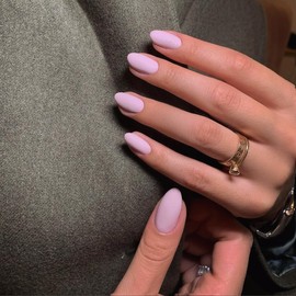 KQueenest Matte Lilac Press On Nails Short Oval Gel Fake Nails Round Acrylic Nails Press Ons Short Almond Nails Glue on Pure Color Stick On Nails For Women Girls Daily Wear, No Glue