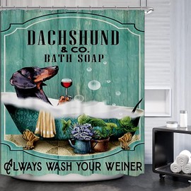 Famiffty Dog Shower Curtain Funny Shower Curtains 60Wx72L Inch Dachshund Bath Soap Shower Curtain Fun Ocean Teal Green Bathtub Vintage Wood Waterproof Polyester Fabric 12 Plastic Hooks