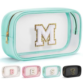 YOOLIFE Initial Make Up Bag Travel Toiletry Bag, Clear Makeup Bag Preppy Cosmetic Bags Organizer Travel Essentials Gifts for Women Teen Girlfriend Teacher Mom Brithday Girl Gifts Makeup Case Blue M