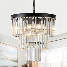 CATINER Modern Crystal Chandeliers 16" Small Black Pendant Light Luxury 3 Tiers K9 Crystal Ceiling Pendant Round Light Fixture 6-Light for Dining Room Entryway Kitchen Bedroom Closet