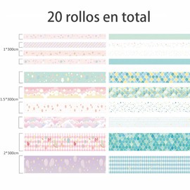 Washi Tape Set, 20 rollos de cinta adhesiva decorativa con estampado dorado para manualidades, diarios, agendas, álbumes de recortes, tarjetas y envoltorios (Style 1)