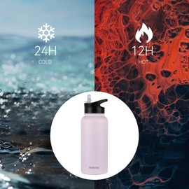 MURBONE Insulated Water Bottle, 1L Stainless Steel Drink Flask with Straw, BPA Free, Leakproof Double Walled Vacuum Bottle with 2 Lids (Straw and Spout), Pink