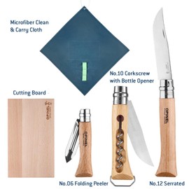 Opinel Nomad Camping Kitchen Utensil Kit, Includes No.12 Serrated Knife, No. 10 Corkscrew Knife, No. 6 Peeler, Cutting Board (New Version)