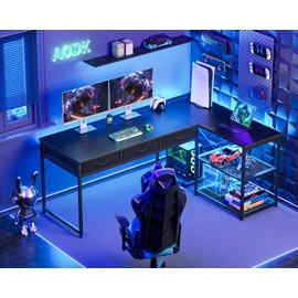 AODK 53 Inch L Shaped Computer Desk with Drawers, Corner Desk with Power Outlets & Reversible Storage Shelves, Movable CPU Stand for Home Office Gaming, Black