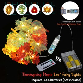 enlaceray Fall Leaf String Lights Maple Oak Leaf Garland Decorative Harvest Fairy Lights Plug in or Battery Operated String Lights Autumn Holiday Decoration 30LED 10ft Christmas Window Room Decor