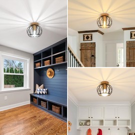 Comely Vintage Industrial Ceiling Light E27 in Cage Shape, Chandelier Modern Metal with Wooden Base for Hallway Bedroom Kitchen Balcony Entrance, Black