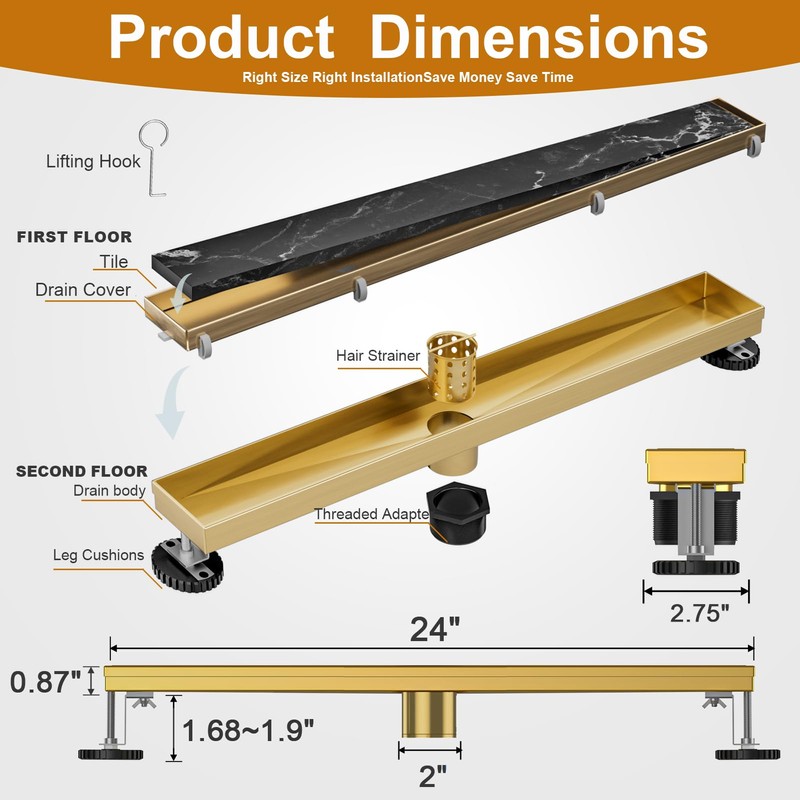EBYTE EBYTE 24-Inch Brushed Gold Linear Shower Drain, 304 Stainless