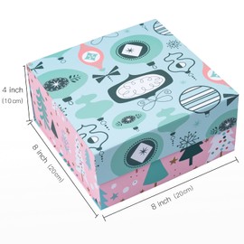 WRAPAHOLIC 1 Pcs Christmas Gift Box with Lid - 8x8x4 Inches Pink and Blue Christmas Ornaments Design Gift Box, Collapsible Gift Box with Magnetic Closure and 2 Pcs Tissue Paper