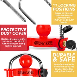 GADLANE Trailer Hitch Lock - Robust Caravan Hitch Lock with 6 Locking Positions for Easy Installation, Made from Heavy Duty Aluminium - Tow Ball Trailer Lock Security Kit - Includes 2 Keys (Red)