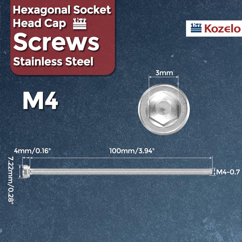 Kozelo 5pcs Socket Head Cap Screws - [M4-0.7 x 100mm]