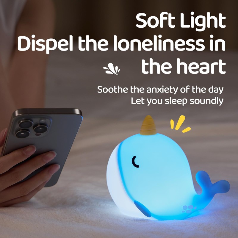 faralite Cute Whale Night Light, Soft Narwhal Silicone LED Night