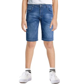 CAMLAKEE Pantalones cortos de mezclilla elásticos rasgados para niños, Azul/claro, 12-13 Años