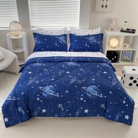 Gusuhome 7 Piece Boys Space Comforter Set Twin Size Bed in A Bag Star Rocket Galaxy Universe Planets Bedding Set for Kids Teens Girls Microfiber Blue Quilt All Season