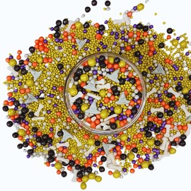 Confect Mix Lime Green, Orange, White & Black Pearls sprinkles | Edible Sprinkles | Spooky Sprinkles | Cursed witches Hat & Bones Sprinkles - 50 Gms
