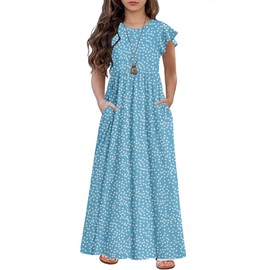 HOSIKA Girls Summer Sundress Sleeveless Polka Dot A Line Bohemian Ruffle Casual Dress 6-12Years Light Blue XL