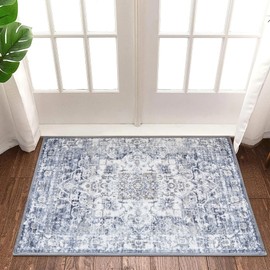 StangH Washable Rug 2x3 for Entryway Bedroom Navy Blue Vintage Distressed Non-Slip Area Rug Abstract Bathroom Kitchen Rug Low-Pile Floor Carpet for Doorway Office Living Room