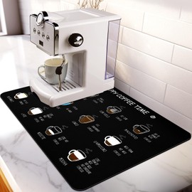 Matace Designer Coffee Bar Mat, Large 16 x 24 Inches, Rubber Backing, Dish Drying Mat for Kitchen Counter, Absorbent Coffee Maker Mats for Countertop, Heat Resistant, Coffee Flavor Menu, Black