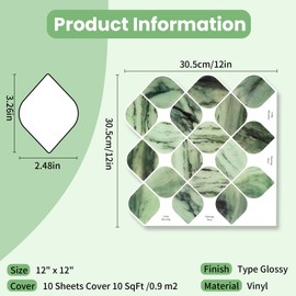 Tewloss 10-Sheet Green Heavy-Duty Peel and Stick Backsplash, 12" x 12" - New Floral Modern Design Self Peel and Stick Tile Suitable for Kitchen, Bathroom, Fireplace and RV Splash Panels (Green)