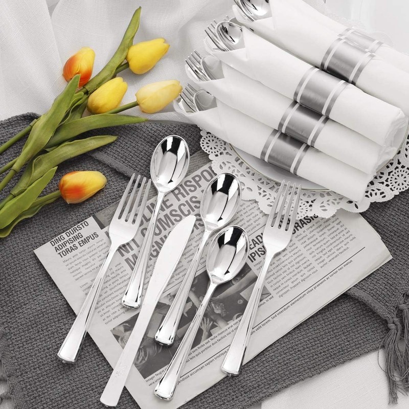 Joyido 100Guests Pre Rolled Silver Plastic Silverware Sets - Heavy