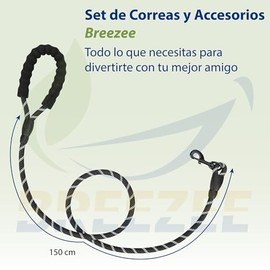 BREEZEE Set de 2 Correas Reflejantes para Mascotas de 1.5 m, + Plato Bebedero + Despachador con 15 Bolsas + Hueso de Juguete, Mascotas Medianas y Grandes, Correa Mango Acolchado Cómodo Clip 360