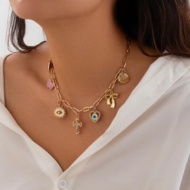 Charm Necklace for Women,Chunky Vintage Gold Bow Boot Cross Seashell Pearl Pendant Choker Neclace Trendy Charm Fashion Festive Holiday Beach Jewelry (B)