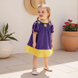 Toddler Baby Girl Dress College Football Game Day Outfit Puff Short Sleeve Smocked Bubble Dresses Playwear (Purple, 4-5 Years)